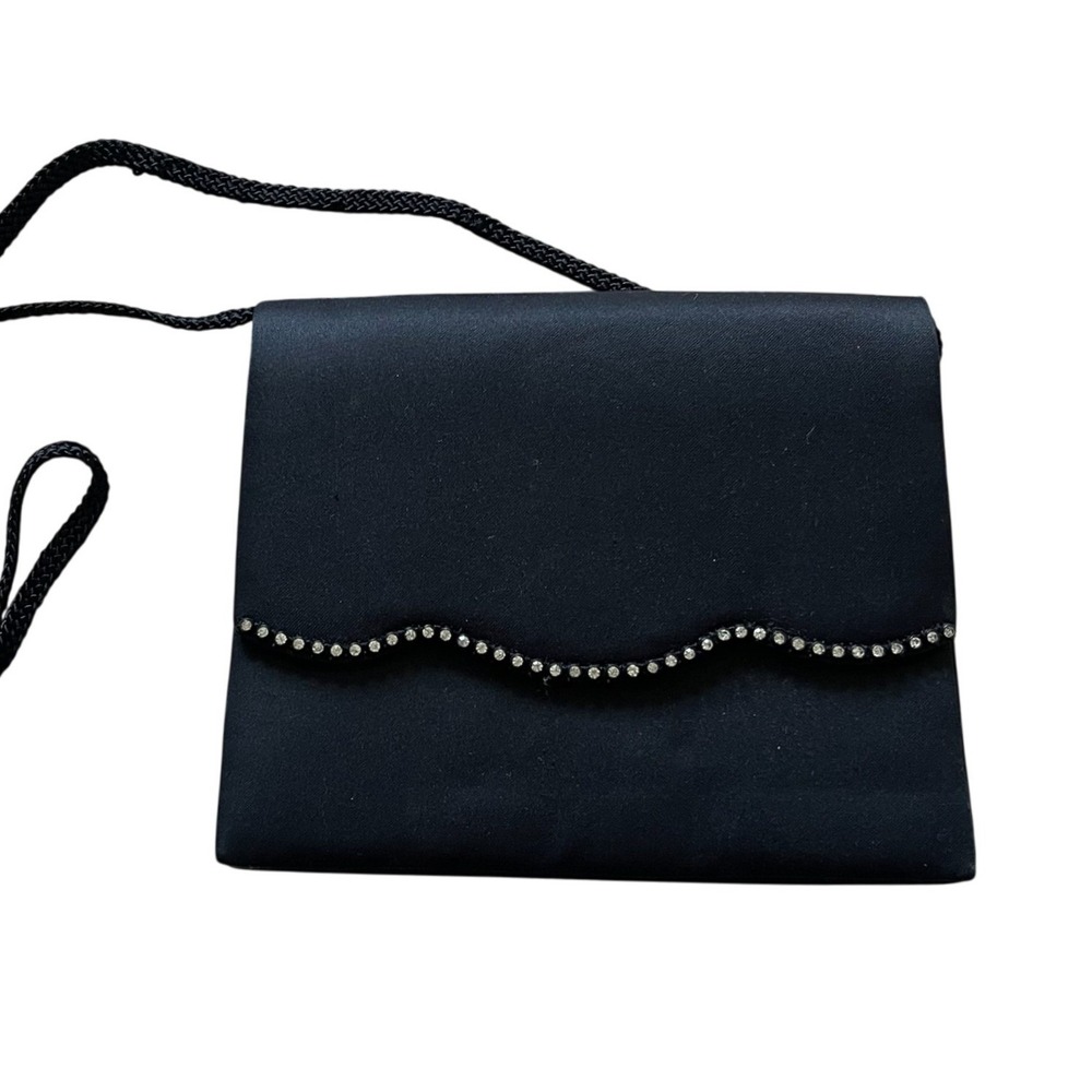 Black Satin Evening Bag Rhinestone Wavy Trim Crossbody Clutch Formal Wedding Bag